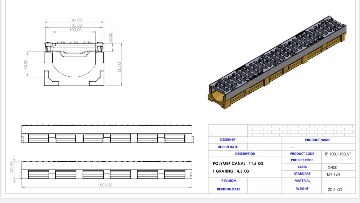 Linear Drains V100, 100 x 1000 x 100 mm, Class D400